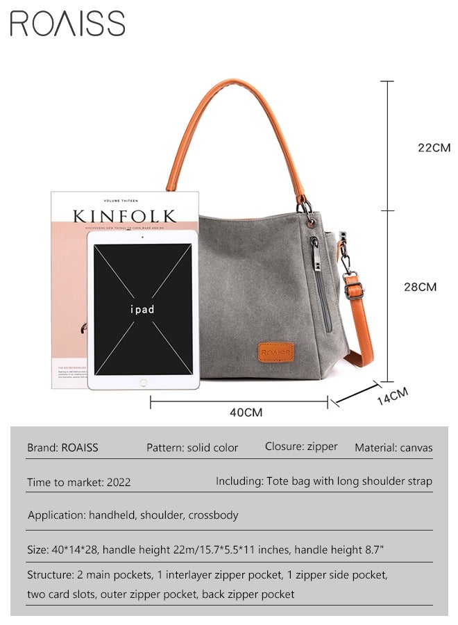 roaiss Versatile Canvas Shoulder Tote Bag Casual Canvas Handbag Crossbody with Long Strap Multi Pocket for Young Women Teenagers School Shopping Grey Orange  - Image 5