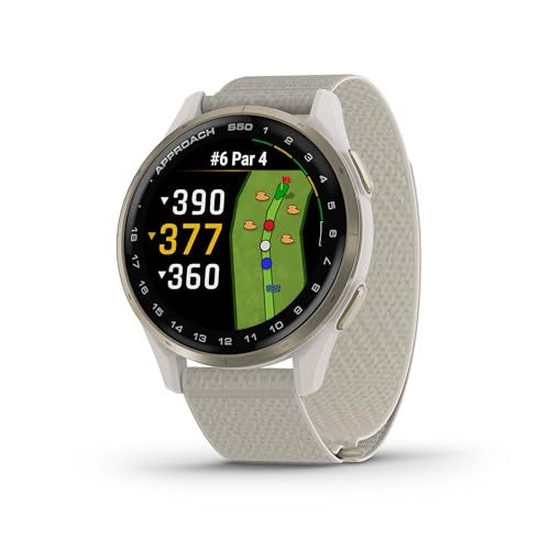Garmin Approach® S50, Advanced Golf GPS Smartwatch, AMOLED Display, On-Course Features, Wrist-Based Heart Rate, Cream Gold Aluminum Bezel with Ivory ComfortFit Nylon Band - Image 1