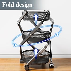 IMUU 3 Tier Metal Storage Rolling Cart Foldable Utility Cart on Wheels Easy to Assembly Free Versatile Serving Organizer Trolley with Lockable Wheels for Kitchen Living Room Bathroom Black - Image 5