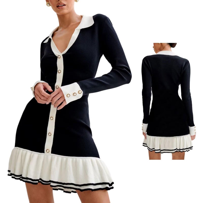Sheface Women's Long Sleeve Ruffle Hem Knit Sweater Dress Contrast Lapel Collar Mini Bodycon Dress - Image 1