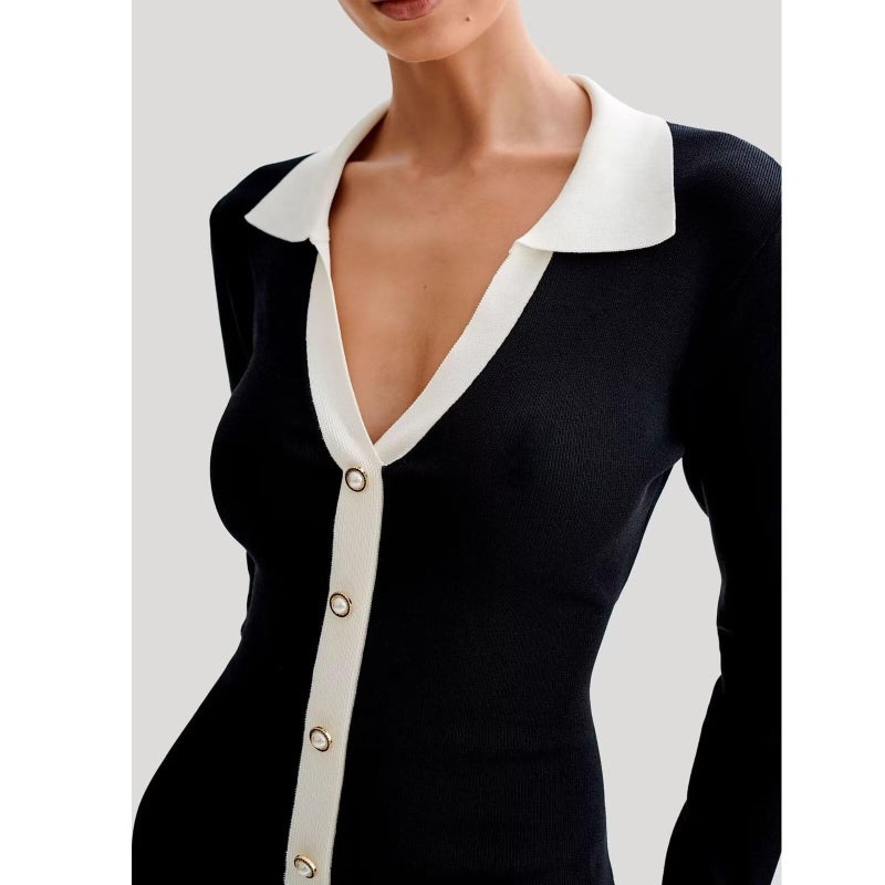 Sheface Women's Long Sleeve Ruffle Hem Knit Sweater Dress Contrast Lapel Collar Mini Bodycon Dress - Image 5