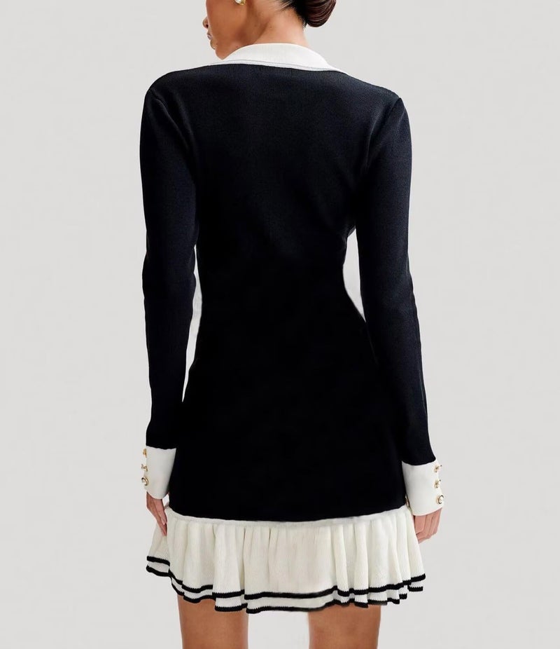 Sheface Women's Long Sleeve Ruffle Hem Knit Sweater Dress Contrast Lapel Collar Mini Bodycon Dress - Image 2