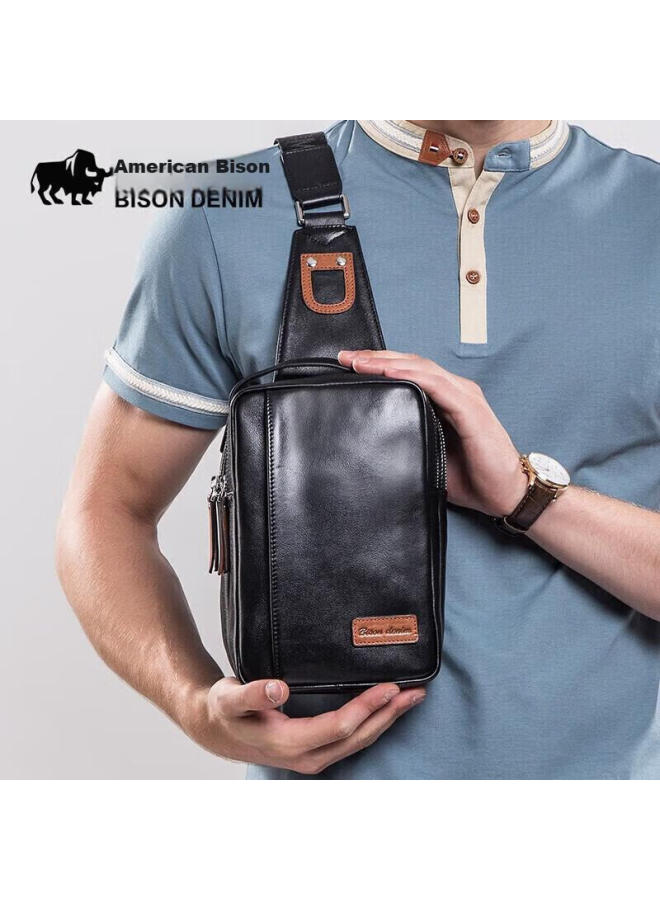American Bison Men's Chest Bag, Top-grain Leather, Shoulder Crossbody Bag, Casual Trendy Sports Mini Backpack, Birthday Gift For Boyfriend - Image 1
