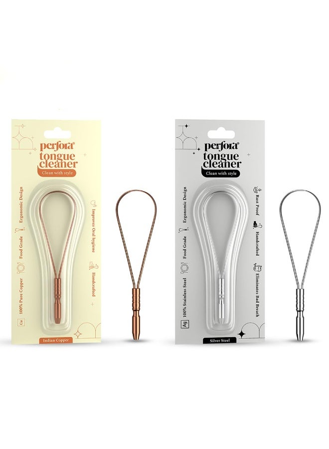 Perfora Copper & Silver Tongue Cleaner Combo for Men & Women | For Fresh Breath & Bacteria Removal | Improved Taste Sense & Oral Hygiene 100% Pure Indian Copper Tongue Scraper To Prevent Bad Breath - Image 1