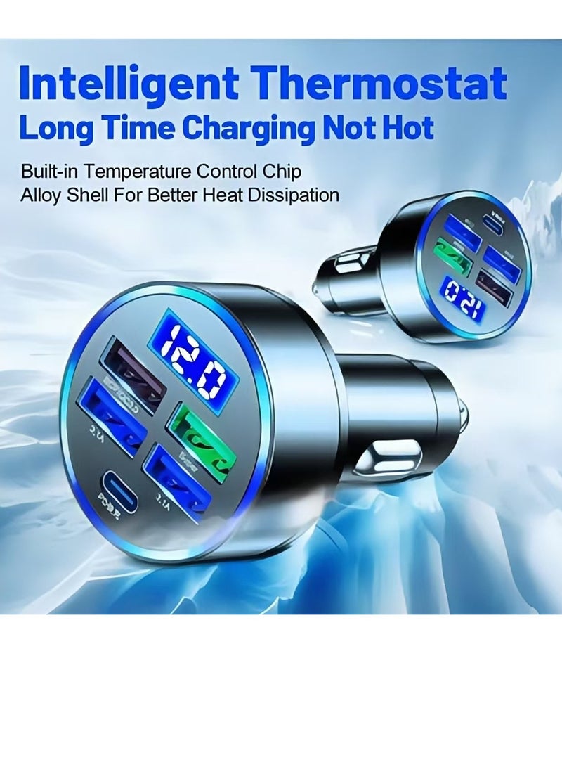 5 Ports Car Charger PD 20W with Hole 80W 4 USB Super Fast Charge 66W USB Car Charger Fast Charge with LED Light Display Car Charger Adapter Black - Image 4