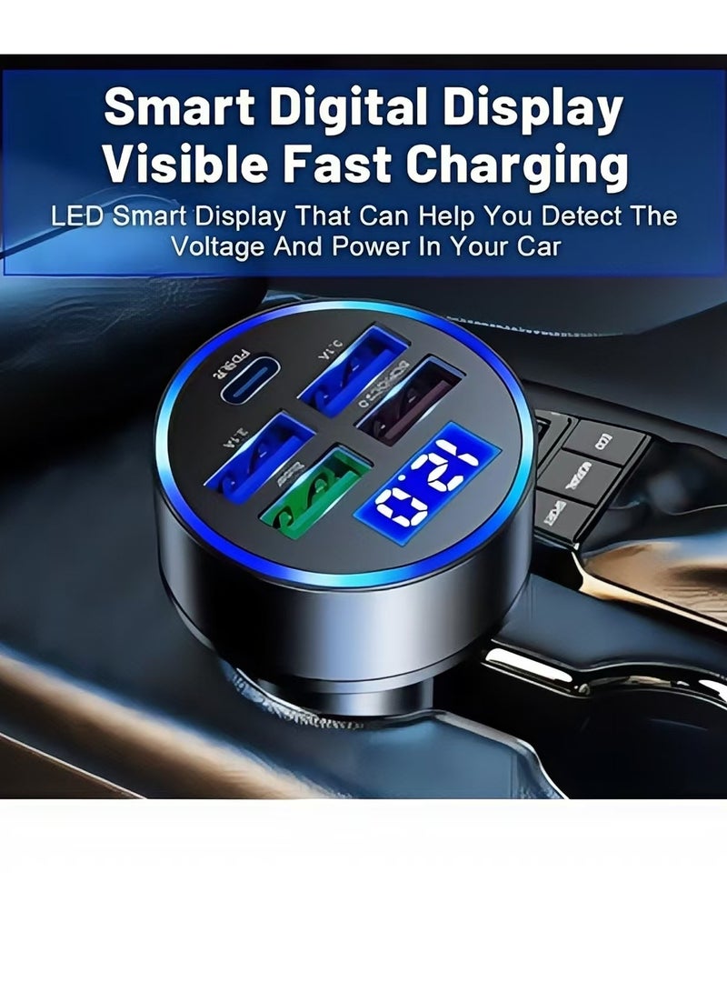 5 Ports Car Charger PD 20W with Hole 80W 4 USB Super Fast Charge 66W USB Car Charger Fast Charge with LED Light Display Car Charger Adapter Black - Image 3