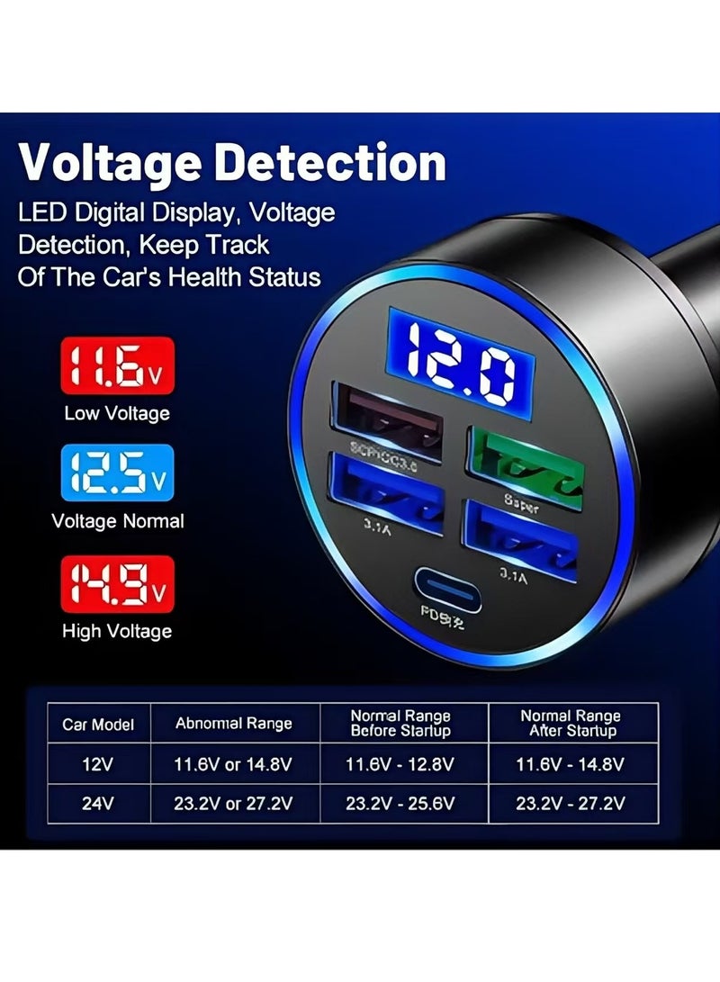 5 Ports Car Charger PD 20W with Hole 80W 4 USB Super Fast Charge 66W USB Car Charger Fast Charge with LED Light Display Car Charger Adapter Black - Image 2