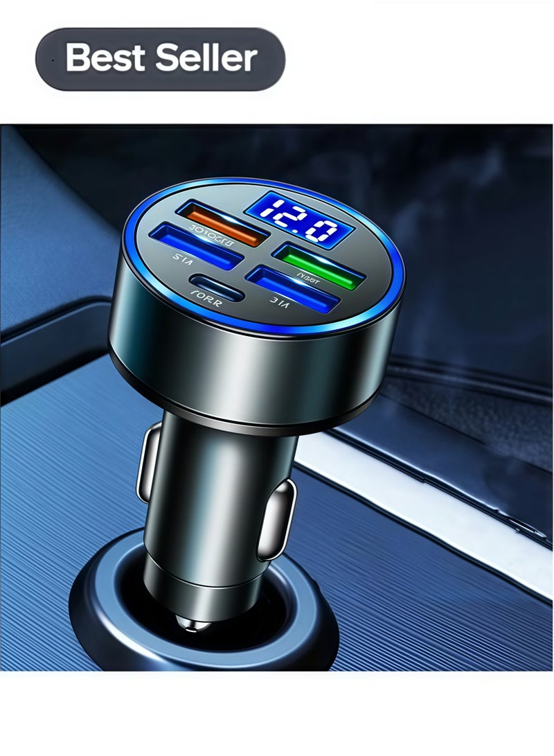 5 Ports Car Charger PD 20W with Hole 80W 4 USB Super Fast Charge 66W USB Car Charger Fast Charge with LED Light Display Car Charger Adapter Black - Image 1