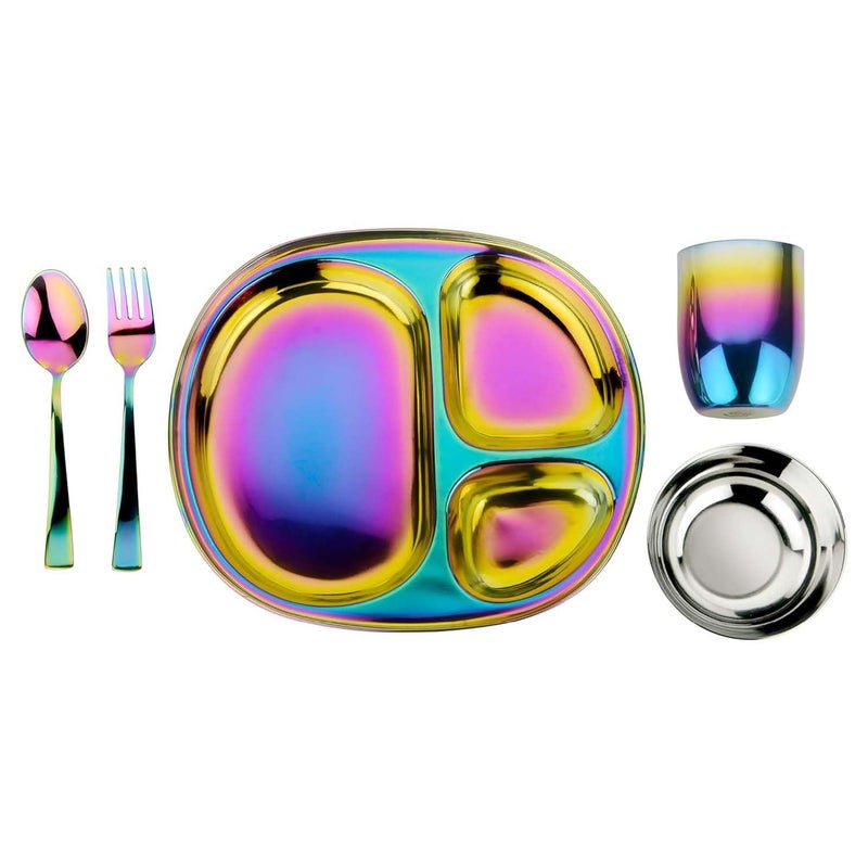 Ahimsa Stainless Steel Kids Dinnerware Set, Pediatrician Designed, 5 Piece Toddler Plates and Bowls Set, Stainless Steel Divided Plate, Cup and Kids Utensils, Rainbow - Image 1