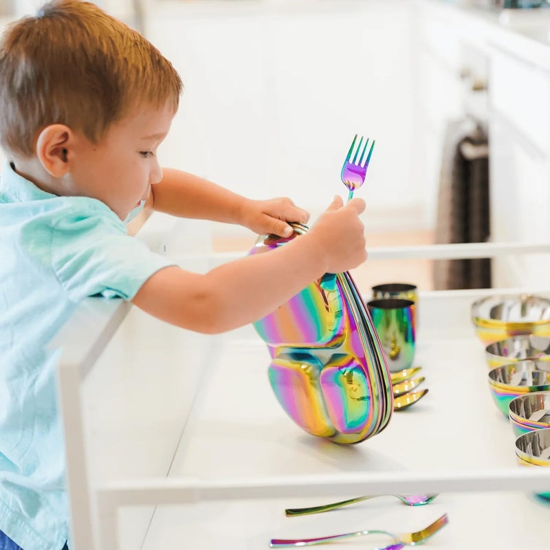 Ahimsa Stainless Steel Kids Dinnerware Set, Pediatrician Designed, 5 Piece Toddler Plates and Bowls Set, Stainless Steel Divided Plate, Cup and Kids Utensils, Rainbow - Image 5