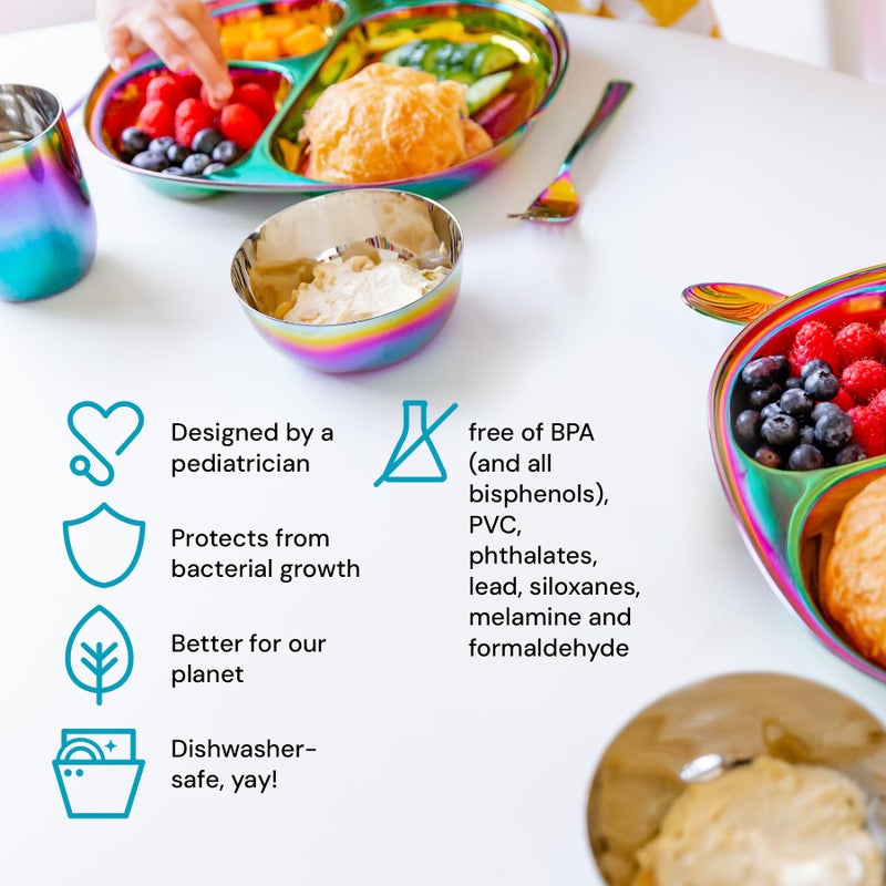 Ahimsa Stainless Steel Kids Dinnerware Set, Pediatrician Designed, 5 Piece Toddler Plates and Bowls Set, Stainless Steel Divided Plate, Cup and Kids Utensils, Rainbow - Image 3