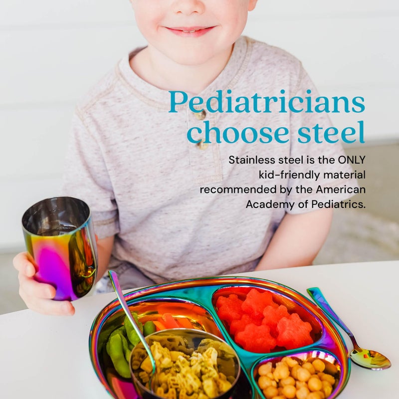Ahimsa Stainless Steel Kids Dinnerware Set, Pediatrician Designed, 5 Piece Toddler Plates and Bowls Set, Stainless Steel Divided Plate, Cup and Kids Utensils, Rainbow - Image 4
