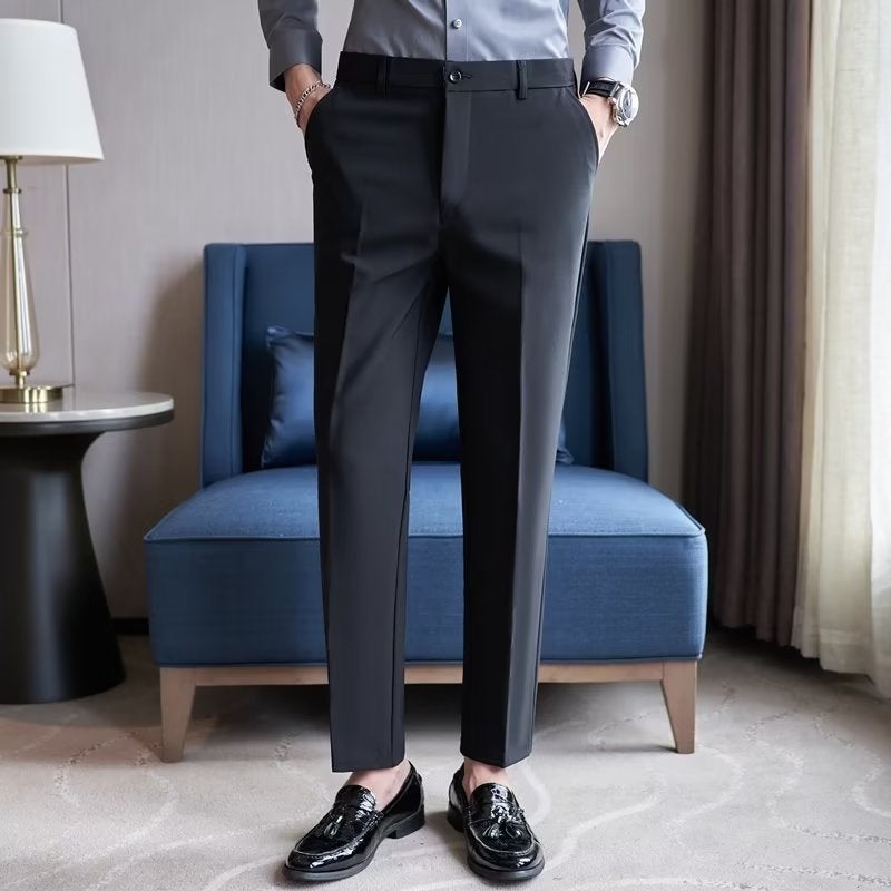 Spring Mens Stretch Slim Chinos Formal Business Casual Pants Black  - Image 3