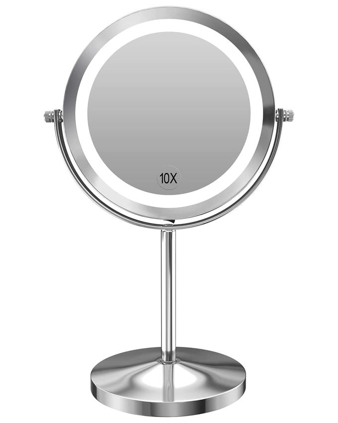 1X10X MAGNIFIED LIGHTED MAKEUP MIRROR DOUBLE SIDED ROUND MAGNIFYING MIRROR STANDING 360 DEGREE SWIVEL VANITY MIRROR BATTERY OPERATED 7 INCH DIAMETER SHAVING BATHROOM MIRROR