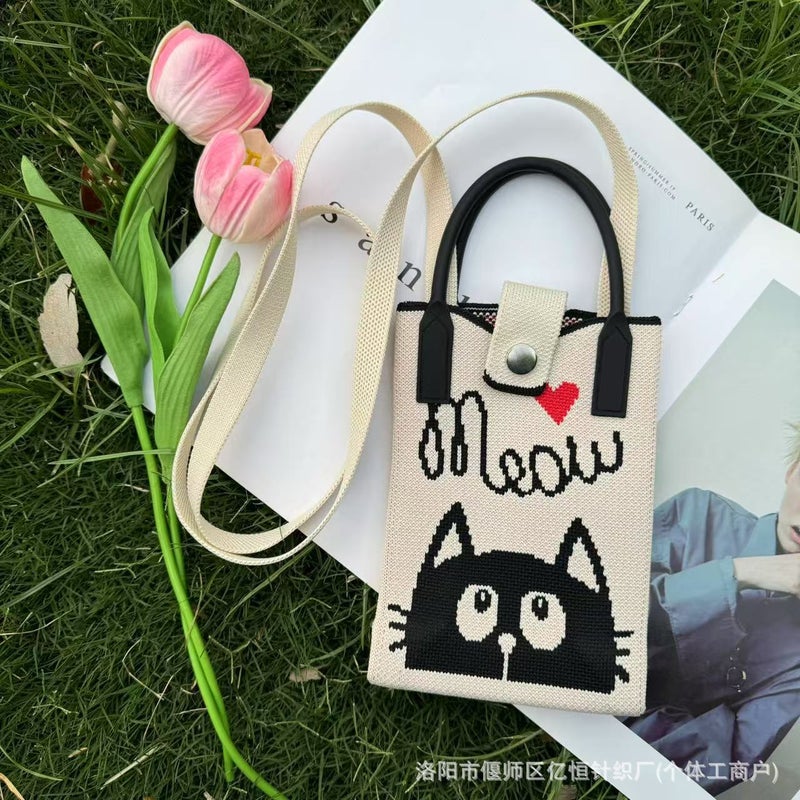 New Knitted Crossbody Mobile Phone Bag Fashionable All-Match Flower Cartoon Knitted Crossbody Bag Women'S Hand Tote Bag - Image 1