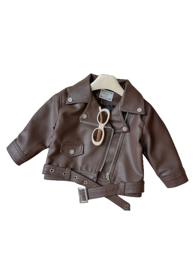 Ayada Home Girls Brown Faux Leather Biker Jacket, Belted Moto Style Coat - Image 2