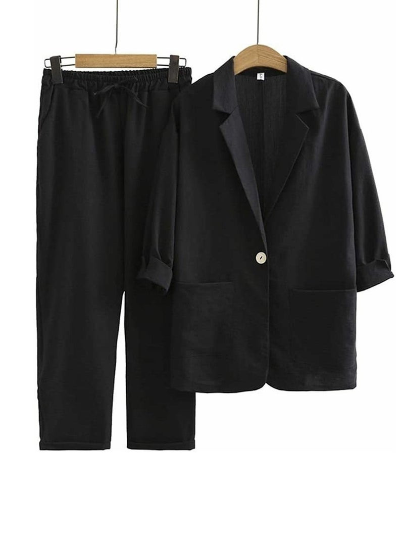 Loquat Women's Solid Color 2 Piece Set Three-Quarter Sleeve Suit Jacket And Loose Pants Casual Suit Black 
