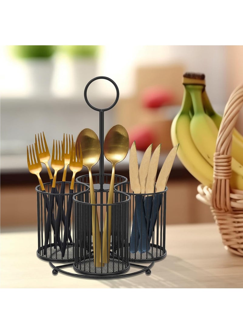 Hihonor 360° Rotating Utensil Caddy, 4 Compartment Metal Utensil Organizer with Handle 6.3×6.3×11 Inch Kitchen Utensil Caddy Multifunctional Cutlery Storage Holder Portable Flatware Organizer for Home Party (Black)  - Image 1