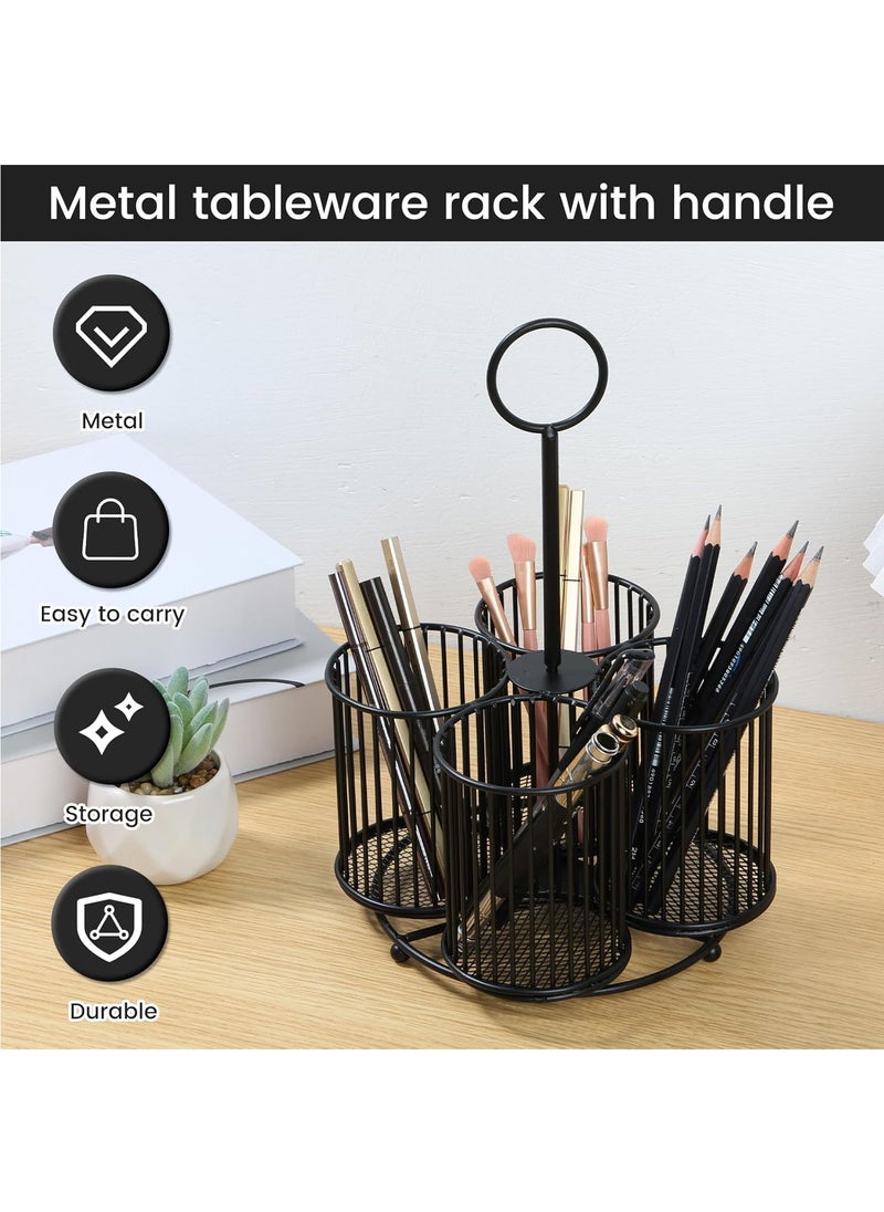 Hihonor 360° Rotating Utensil Caddy, 4 Compartment Metal Utensil Organizer with Handle 6.3×6.3×11 Inch Kitchen Utensil Caddy Multifunctional Cutlery Storage Holder Portable Flatware Organizer for Home Party (Black)  - Image 4