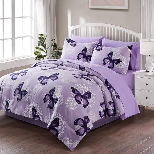 ARTALL Bed in A Bag Full/Queen Size 8 Pieces, Purple Butterfly All Season Bedding Comforter Bed Set with Pillow Shams, Flat Sheet, Fitted Sheet, Bed Skirt, Pillowcases - Image 1