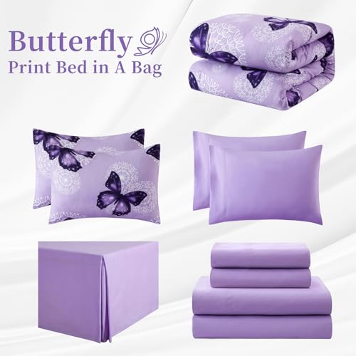 ARTALL Bed in A Bag Full/Queen Size 8 Pieces, Purple Butterfly All Season Bedding Comforter Bed Set with Pillow Shams, Flat Sheet, Fitted Sheet, Bed Skirt, Pillowcases - Image 5