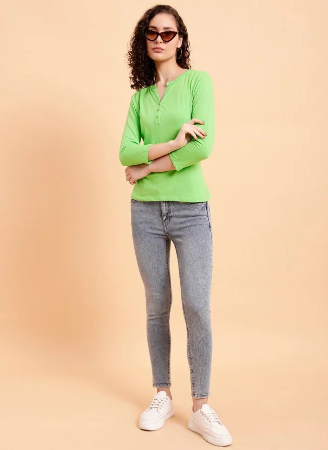 MINT STREET Mint Green Henley Neck Cotton T-Shirt for Women