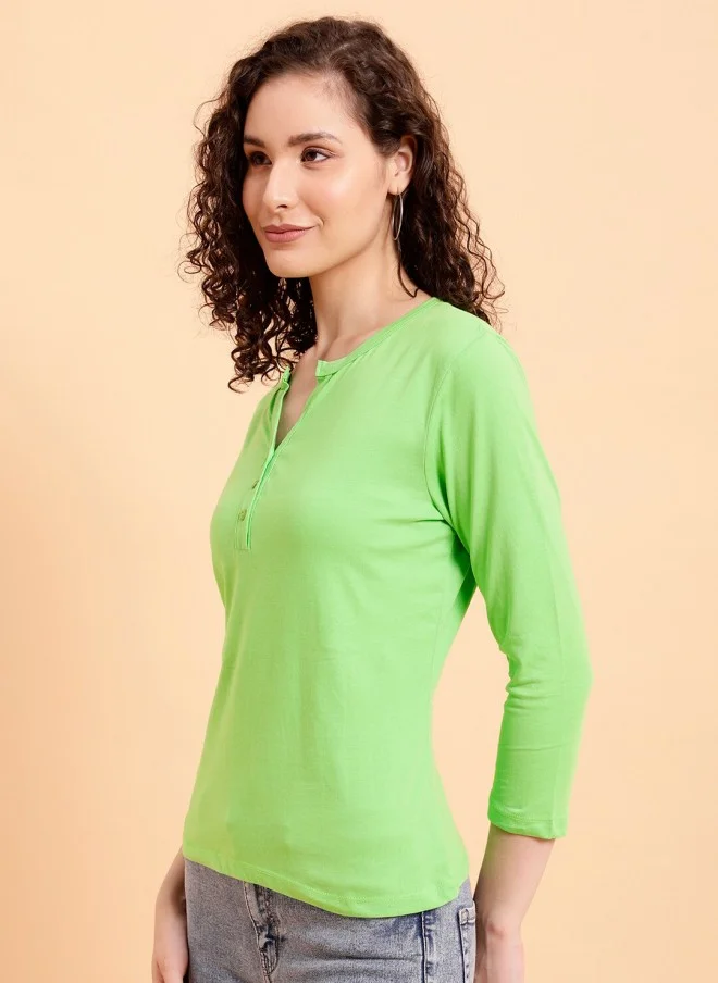 MINT STREET Mint Green Henley Neck Cotton T-Shirt for Women