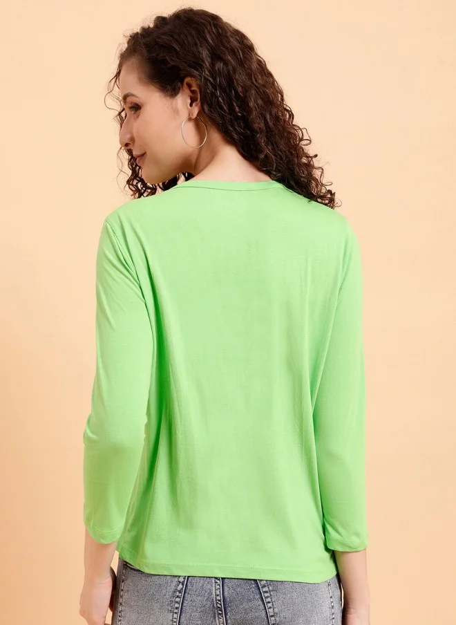 MINT STREET Mint Green Henley Neck Cotton T-Shirt for Women