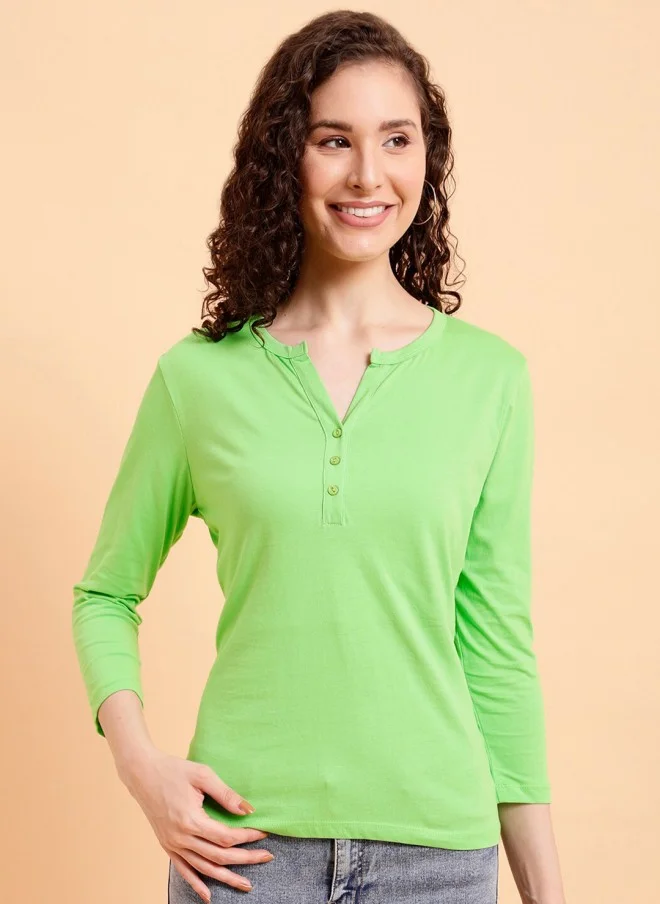 MINT STREET Mint Green Henley Neck Cotton T-Shirt for Women