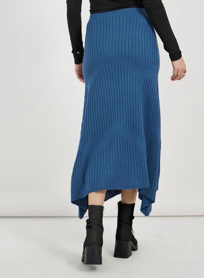 Styli Textured Knit Asymmetric Hem Midi Skirt
