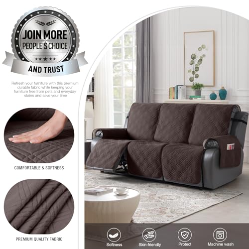 TAOCOCO 100% Waterproof Recliner Sofa Cover Non Slip Couch Cover for 3 Seat Reclining Sofa, Split Reclining Couch Covers 3-Piece with Straps, Washable Sofa Slipcover for Kids Pets(3 Seater, Chocolate) - Image 2