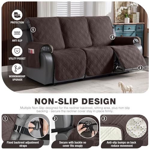 TAOCOCO 100% Waterproof Recliner Sofa Cover Non Slip Couch Cover for 3 Seat Reclining Sofa, Split Reclining Couch Covers 3-Piece with Straps, Washable Sofa Slipcover for Kids Pets(3 Seater, Chocolate) - Image 4