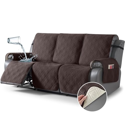 TAOCOCO 100% Waterproof Recliner Sofa Cover Non Slip Couch Cover for 3 Seat Reclining Sofa, Split Reclining Couch Covers 3-Piece with Straps, Washable Sofa Slipcover for Kids Pets(3 Seater, Chocolate) - Image 1