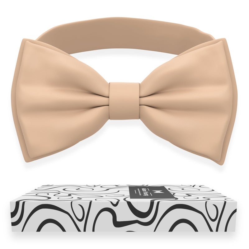 Adam Young Men's Beige Bow Tie Pre-Tied Style Formal Satin Classic Bowtie for Tuxedo Faux Silk (Large, Dune Beige) - Image 1