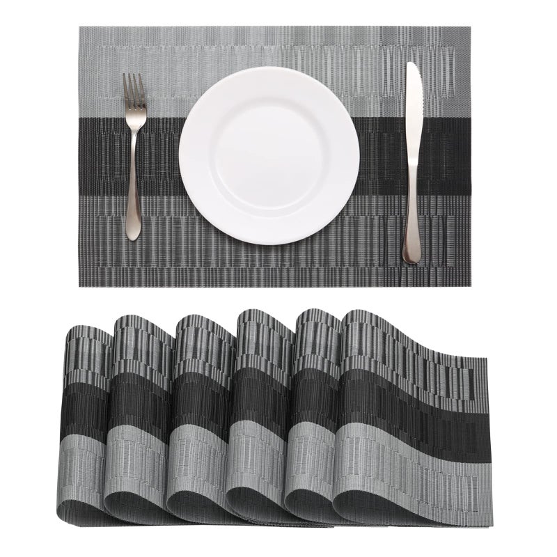 HeloHo Black Placemats Set of 6 Washable Place Mats Vinyl Woven Table Mats Wipeable Placemat for Kitchen Dining Table Decoration Indoor Outdoor - Image 1