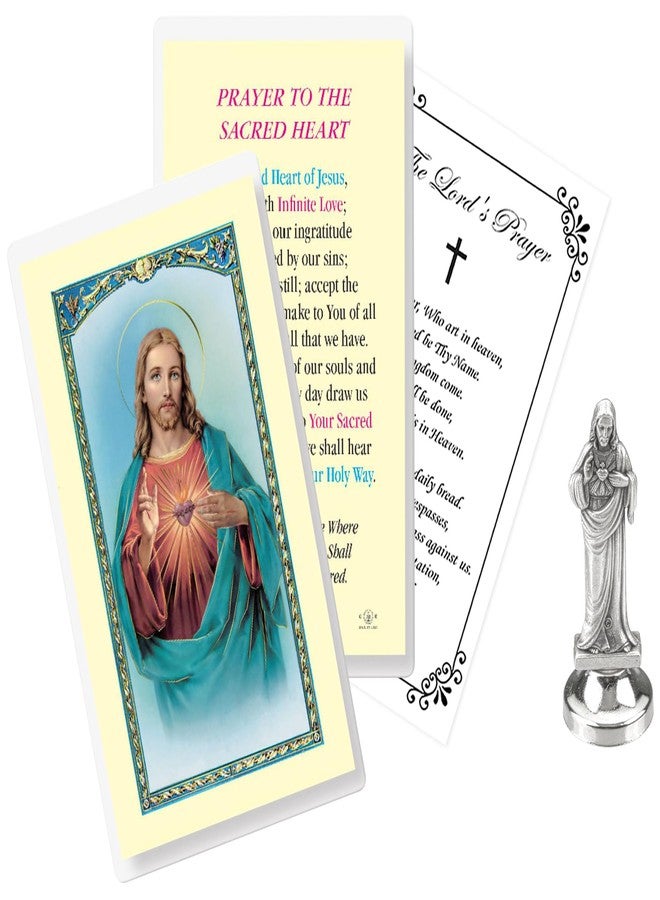 Trendzeen Mini Sacred Heart of Jesus Statue (2.5 in) - Jesus Sacred Heart Statue with Laminated Holy Card, The Lord's Prayer Card - Sagrado Corazon De Jesus Estatua Catholic Decor Set - 3 Items - Image 1