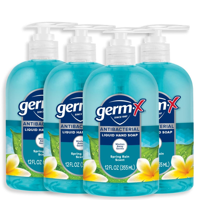GermX Antibacterial Hand Soap Moisturizing Liquid Hand Wash for Kitchen or Bathroom pH Balanced  Dermatologist Tested Back to School Supplies Spring Rain 12 oz Pump Bottle Pack of 4