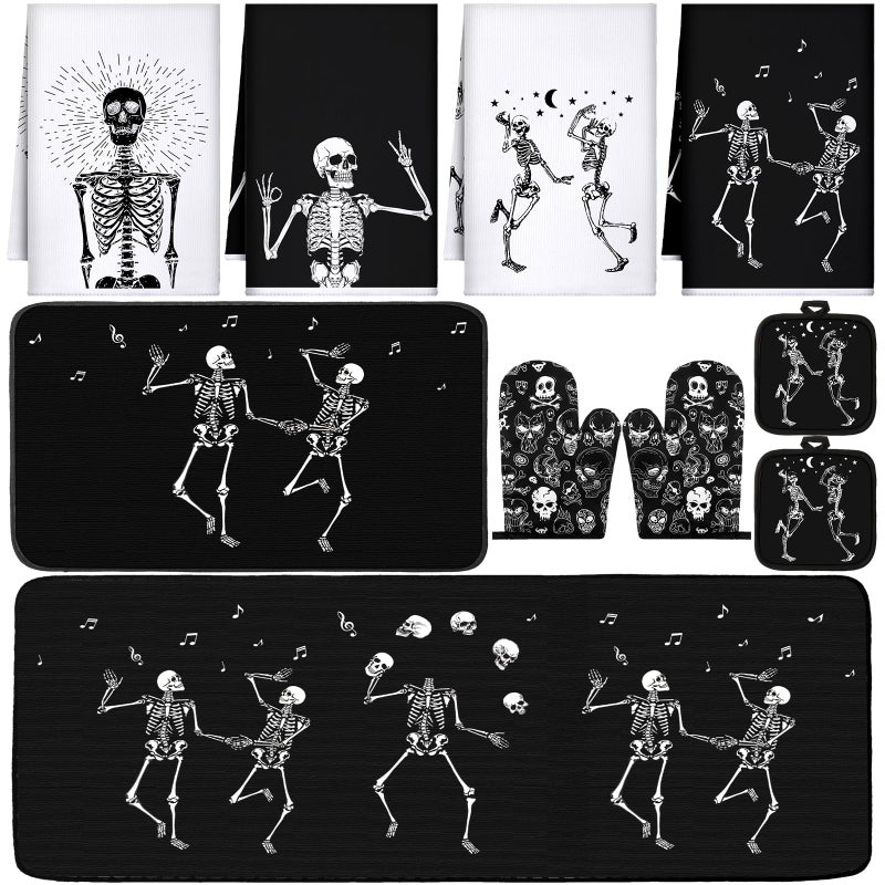 Fourluoo 10 Pcs Skeleton Kitchen Set Kitchen Towels and Rugs Oven Mitts and Pot Holders Gothic Decor and Accessories for Gift Cooking Baking Grilling - Image 2