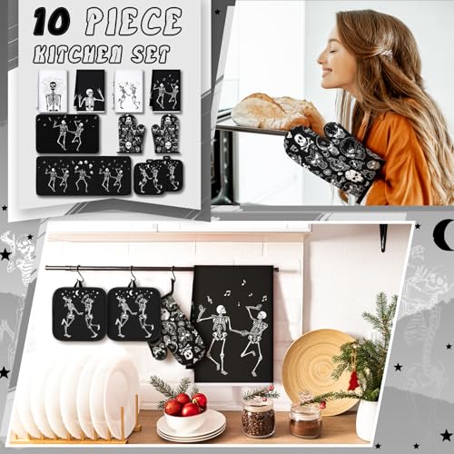 Fourluoo 10 Pcs Skeleton Kitchen Set Kitchen Towels and Rugs Oven Mitts and Pot Holders Gothic Decor and Accessories for Gift Cooking Baking Grilling - Image 3