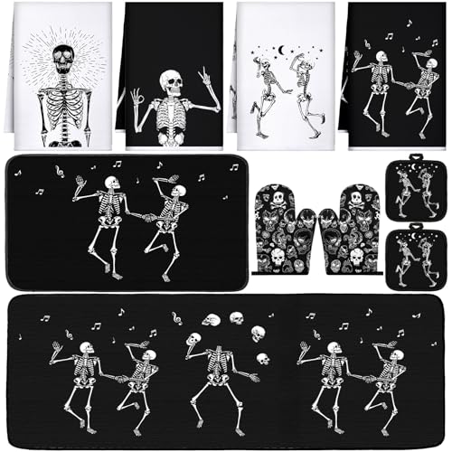 Fourluoo 10 Pcs Skeleton Kitchen Set Kitchen Towels and Rugs Oven Mitts and Pot Holders Gothic Decor and Accessories for Gift Cooking Baking Grilling - Image 1