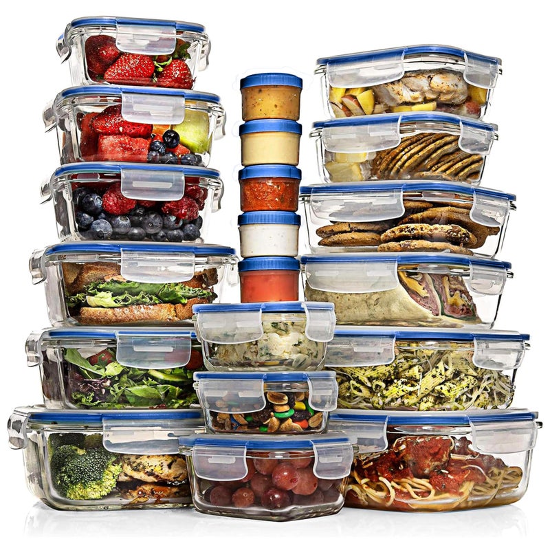 Razab 35 Pc Set Glass Food Storage Containers with Lids - Meal Prep Airtight Bento Boxes BPA-Free 100% Leak Proof (15 lids,15 glass & 5 Plastic Sauce/Dip Containers) - Image 1