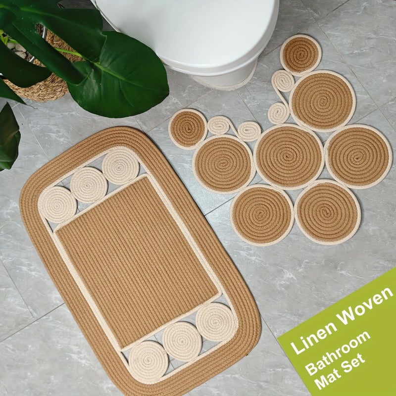 Beige U Shaped Handwoven Linen Bathroom Mat Non Slip Double Sided Machine Washable - Image 5