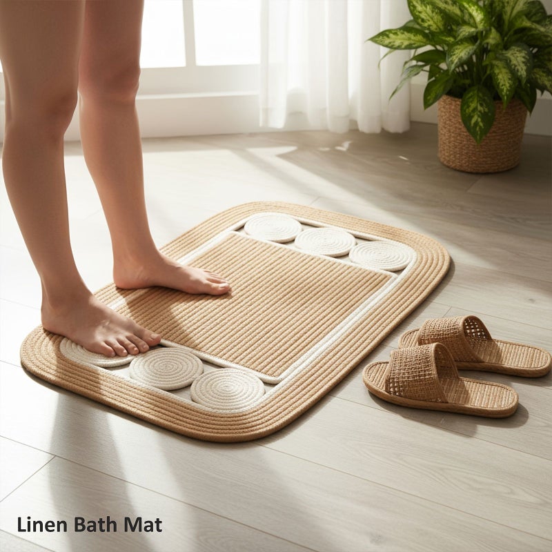 Beige U Shaped Handwoven Linen Bathroom Mat Non Slip Double Sided Machine Washable - Image 4