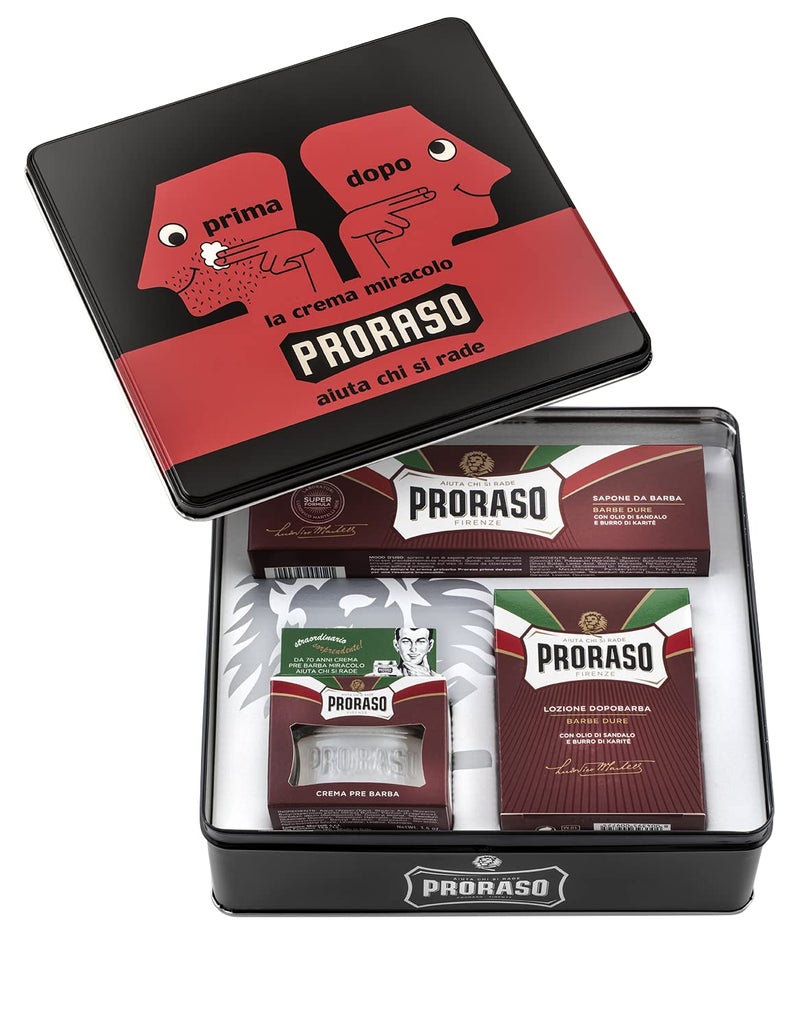 Proraso Shaving Kit for Men Moisturizing PreShave Cream Shaving Cream Tube and After Shave Balm for Thick Curly Beards in Vintage Dopo Tin