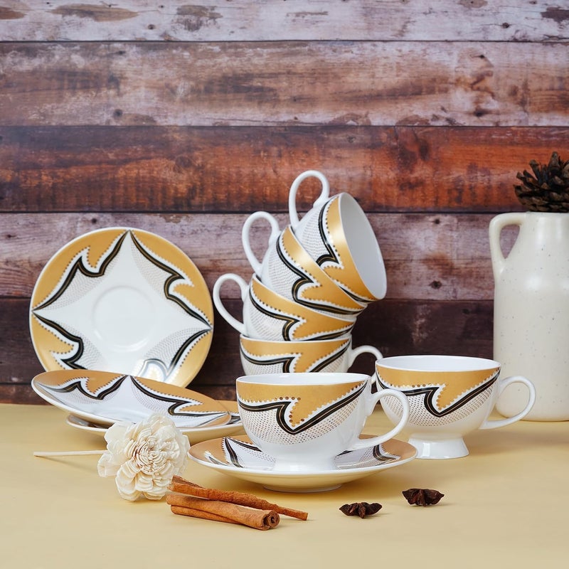 Dandy lines England by DATA Dandy Lines Yana Sahara Gold 53044 Cups and Saucers Tea Cup and Saucer Set Mugs and Saucer Set for Tea Coffee Pack of 12 - Image 1