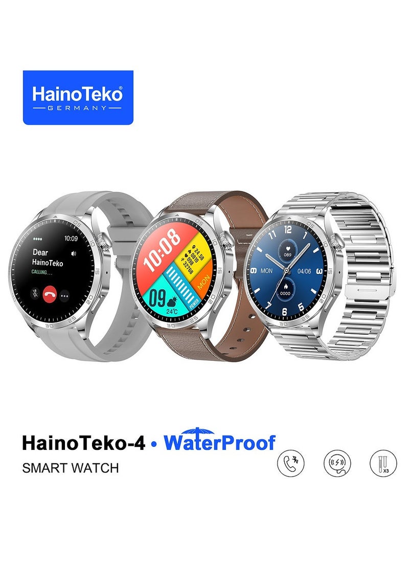 Haino Teko - HainoTeko-4 GT4 Waterproof Smartwatch with Large Screen Round Shape AMOLED Display AI Voice Assistance 3 Interchangeable Straps and Charging Cable Designed for Men Silver - Image 1