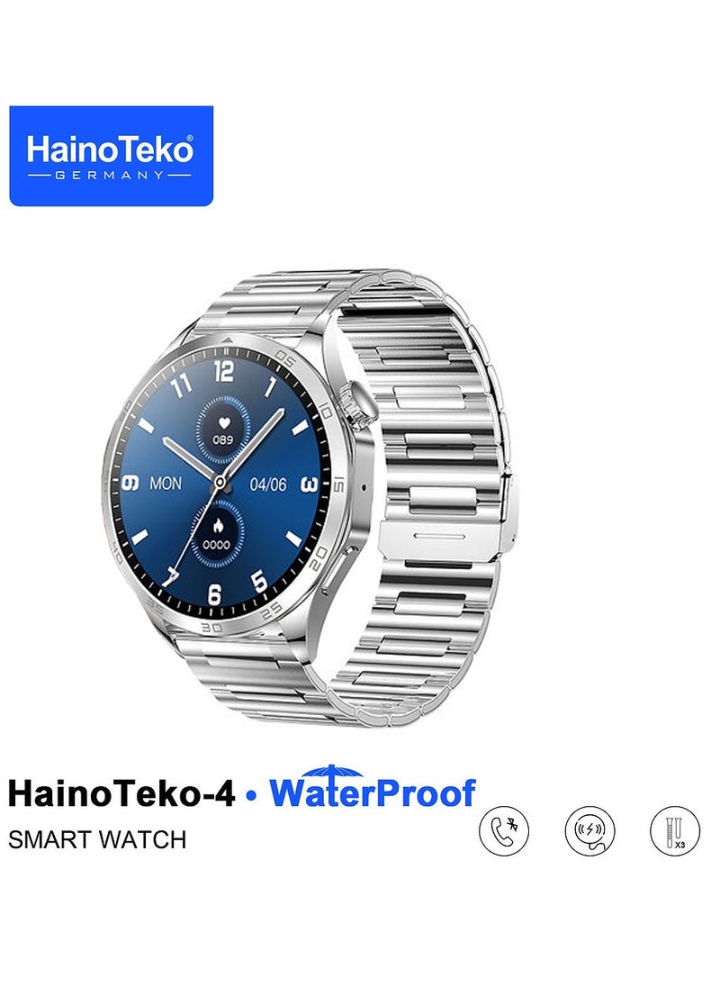 Haino Teko - HainoTeko-4 GT4 Waterproof Smartwatch with Large Screen Round Shape AMOLED Display AI Voice Assistance 3 Interchangeable Straps and Charging Cable Designed for Men Silver - Image 1