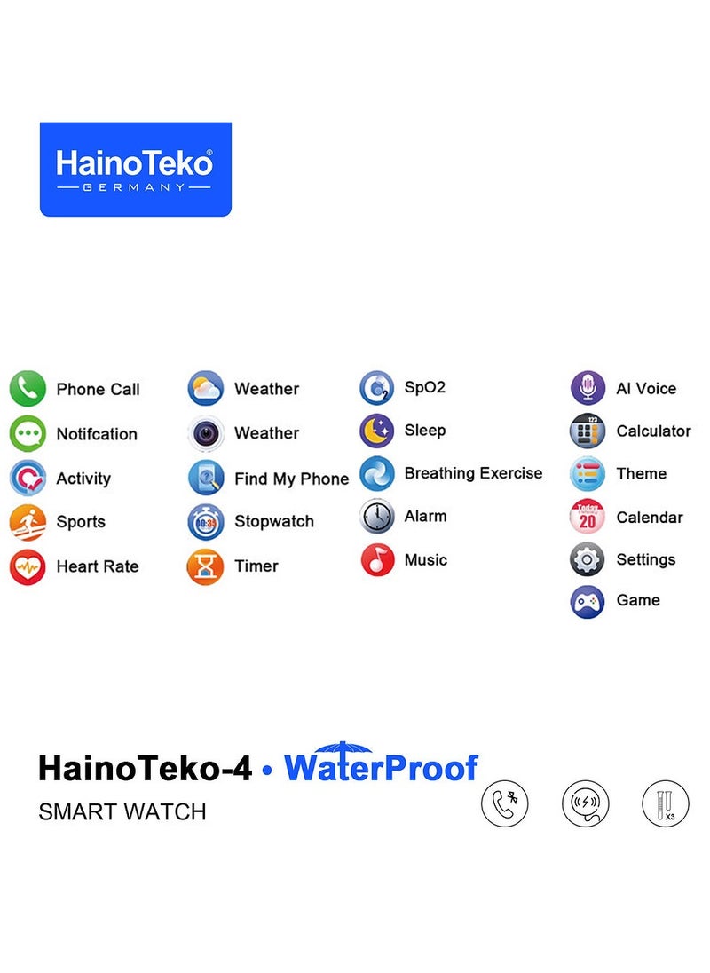 Haino Teko - HainoTeko-4 GT4 Waterproof Smartwatch with Large Screen Round Shape AMOLED Display AI Voice Assistance 3 Interchangeable Straps and Charging Cable Designed for Men Silver - Image 1