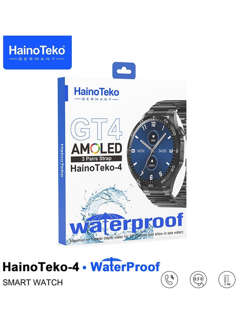Haino Teko - HainoTeko-4 GT4 Waterproof Smartwatch with Large Screen Round Shape AMOLED Display AI Voice Assistance 3 Interchangeable Straps and Charging Cable Designed for Men Silver - Image 1