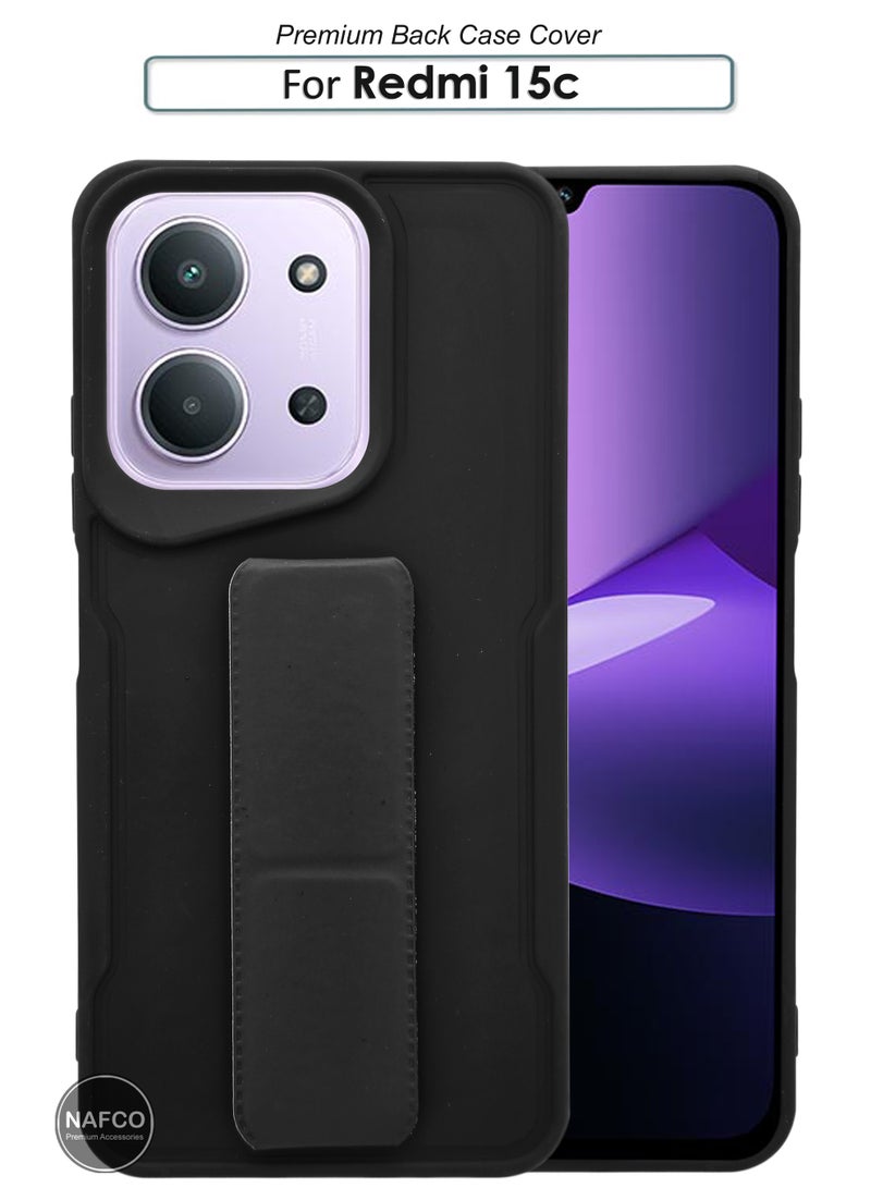 NAFCO For Redmi 15c - Hard Silicone Magnetic Back Stand Case  With Foldable Kickstand & Finger Strap - Black - Image 1